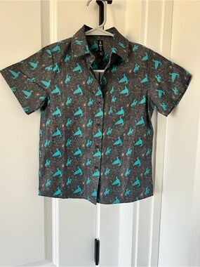 Kids western Short-Sleeve Button Shirt in Teal Print